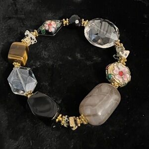 Cloisonné, Crystal, Jasper,Tigers eye and Onyx beaded stretch Bracelet